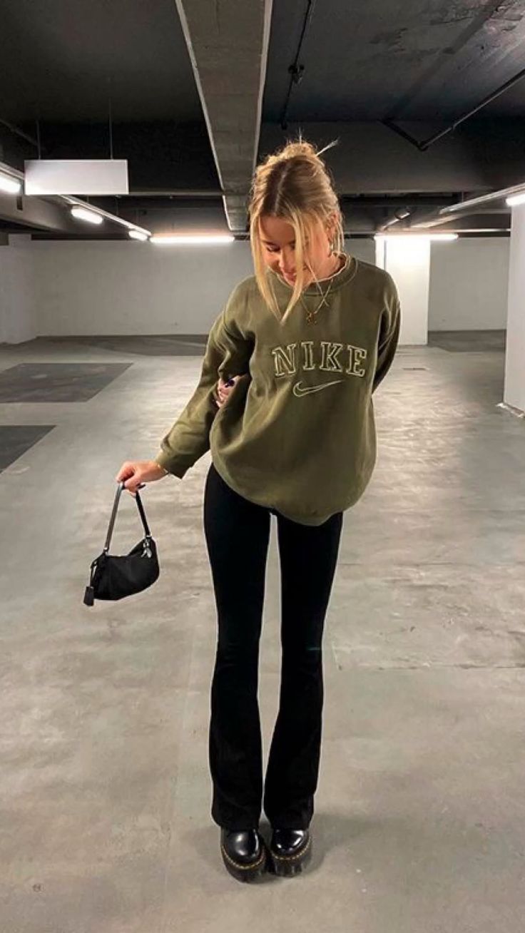 Olive Green Sweatshirt with Black Flare Leggings 